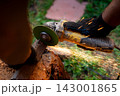 Man in protective gloves cutting metal with an angle grinder outdoors, bright sparks flying. Concept of manual labour, home workshop, DIY metalwork and work safety. 143001865