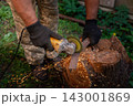 Man in protective gloves cutting metal with an angle grinder outdoors, bright sparks flying. Concept of manual labour, home workshop, DIY metalwork and work safety. 143001869