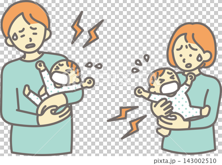 泣く、夜泣きをする赤ちゃんをあやすお父さんとお母さんのイラスト素材セット 泣く、夜泣きをする赤ちゃんをあやすお父さんとお母さんのイラスト素材セット 143002510