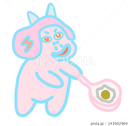 Funny pink monster character cooking fried egg with a pan, hand drawn digital illustration on black background 143002964