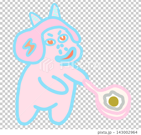 Funny pink monster character cooking fried egg with a pan, hand drawn digital illustration on black background Funny pink monster character cooking fried egg with a pan, hand drawn digital illustration on black background 143002964