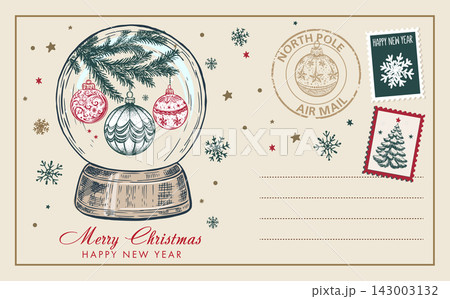 Vintage Christmas Postcard with ball and Stamps Vintage Christmas Postcard with ball and Stamps 143003132