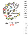 かわいい羊と正月の縁起物の円形年賀状テンプレート　手描き　2027年　縦型 143003153