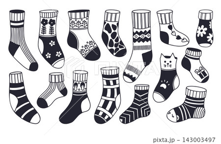 Decorative Socks and Stockings Doodle Set. Cozy Knitted Hosiery with Holiday Gift, Cute Cat, Striped, Spotted, Floral and Geometric Pattern. Vector Illustration. Isolated Black Hand Drawn on White 143003497