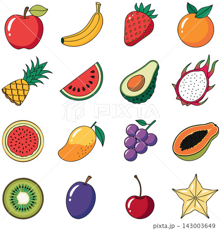 The image shows a colorful set of 16 cartoon fruit illustrations arranged in a grid The image shows a colorful set of 16 cartoon fruit illustrations arranged in a grid 143003649