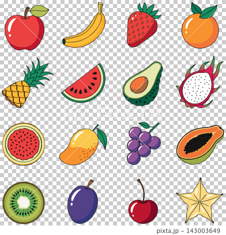 The image shows a colorful set of 16 cartoon fruit illustrations arranged in a grid The image shows a colorful set of 16 cartoon fruit illustrations arranged in a grid 143003649