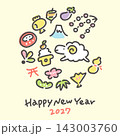 かわいい羊と正月の縁起物の円形年賀イラスト　手描き　正方形　2027年 143003760