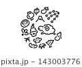 かわいい羊と正月の縁起物の円形年賀イラスト　モノクロ線画　手描き　正方形　2027年 143003776