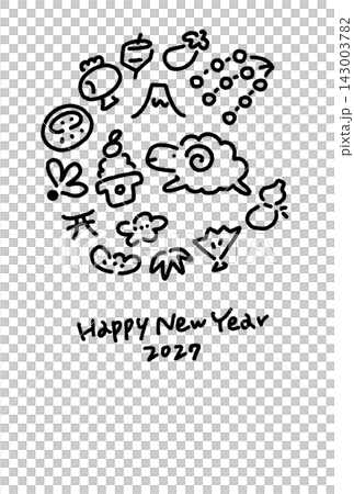 可愛的綿羊和吉祥的新年圖案,構成一張圓形新年卡片插圖。單色線條畫,手繪。 2027年。豎版格式。 可愛的綿羊和吉祥的新年圖案,構成一張圓形新年卡片插圖。單色線條畫,手繪。 2027年。豎版格式。 143003782