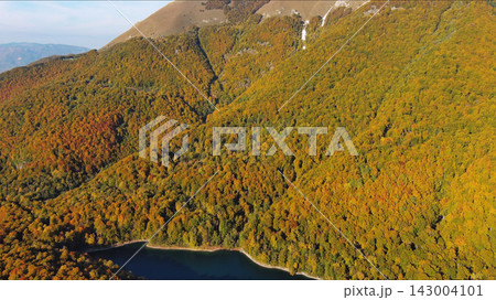 Biogradsko lake in mountain valley with bright colors autumn forest 143004101