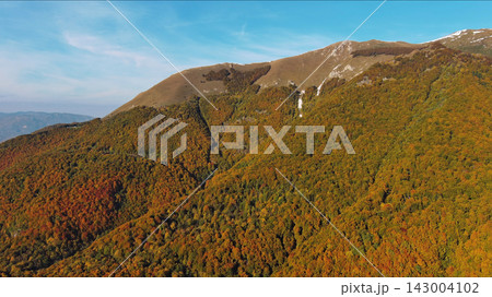 Autumn forest on sloping mountain. Fall foliage on hills with blue sky Autumn forest on sloping mountain. Fall foliage on hills with blue sky 143004102