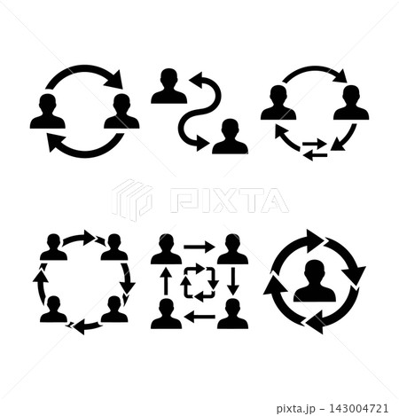 Black silhouette icons of people connected by circular and linear arrows Black silhouette icons of people connected by circular and linear arrows 143004721