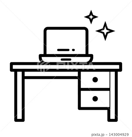 Minimalist Laptop on Office Desk Icon with Sparkles and Storage Drawers Minimalist Laptop on Office Desk Icon with Sparkles and Storage Drawers 143004929