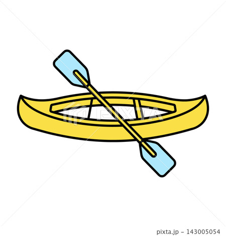 Yellow Canoe With Blue Paddle, Simple Flat Icon Design, White Background Yellow Canoe With Blue Paddle, Simple Flat Icon Design, White Background 143005054