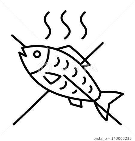 Grilled Fish On Skewer With Rising Steam Simple Black Line Sketch Icon 143005233