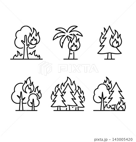 Wildfire burning trees palm and forest landscape icons Wildfire burning trees palm and forest landscape icons 143005420