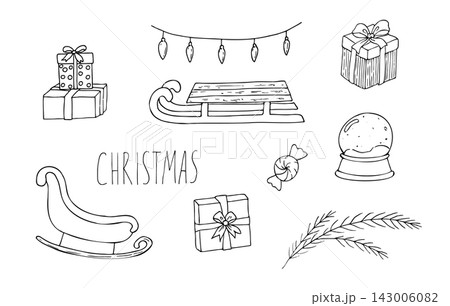 Vector Christmas element set with gift boxes, sleigh and snow globe. Minimalist hand drawn holiday line art collection isolated on white background. Black outline collection with typography lettering. 143006082