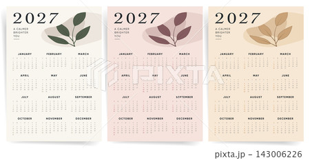 One Page Calendar 2027 Vector Template Set with Botanical Leaf Branch. Calendar 2027 A3 A4 layouts in cream, dusty pink and beige, Sunday start and 12 months for wall and desk planning. One Page Calendar 2027 Vector Template Set with Botanical Leaf Branch. Calendar 2027 A3 A4 layouts in cream, dusty pink and beige, Sunday start and 12 months for wall and desk planning. 143006226