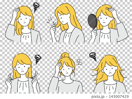 一組描繪日本20多歲年輕女性所經歷的頭髮問題的插圖。 143007429