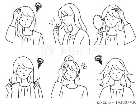 髪に悩む20代の若い日本人女性のヘアトラブルセットイラスト 髪に悩む20代の若い日本人女性のヘアトラブルセットイラスト 143007430