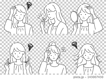 髪に悩む20代の若い日本人女性のヘアトラブルセットイラスト 髪に悩む20代の若い日本人女性のヘアトラブルセットイラスト 143007430