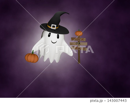 Halloween cute ghost and rickety old wooden signpost in foggy purple background Halloween cute ghost and rickety old wooden signpost in foggy purple background 143007443