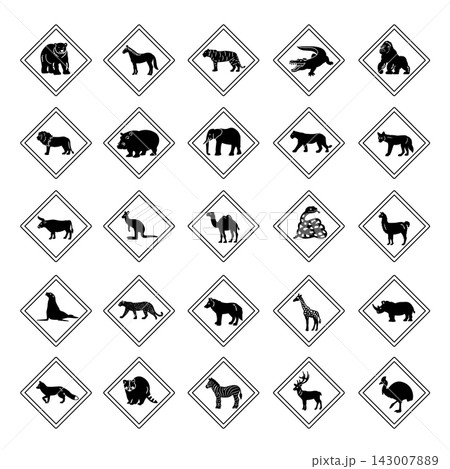 Road Signs Wild Animal Crossing. Vector Icons Bear, Horse, Tiger, Crocodile, Gorilla, Lion, Hippopotamus, Elephant, Panther, Coyote, Bull, Kangaroo, Camel, Snake, Llama, and Others 143007889