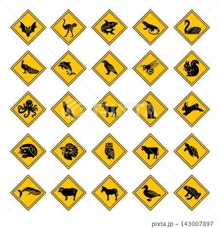Yellow Road Signs Animal Crossing. Vector Icons Bat, Ostrich, Shark, Iguana, Swan, Peacock, Dolphin, Eagle, Bee, Squirrel, Octopus, Parrot, Goat, Penguin, Rabbit, and Others Yellow Road Signs Animal Crossing. Vector Icons Bat, Ostrich, Shark, Iguana, Swan, Peacock, Dolphin, Eagle, Bee, Squirrel, Octopus, Parrot, Goat, Penguin, Rabbit, and Others 143007897