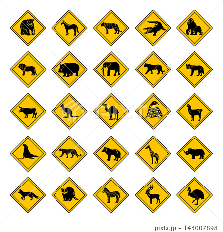 Yellow Road Signs Wild Animal Crossing. Vector Icons Bear, Horse, Tiger, Crocodile, Gorilla, Lion, Hippopotamus, Elephant, Panther, Coyote, Bull, Kangaroo, Camel, Snake, Llama, and Others 143007898