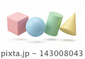 A collection of levitating 3D geometric shapes including a cube, sphere, cylinder, and cone in soft pastel tones, isolated on a white background. 143008043
