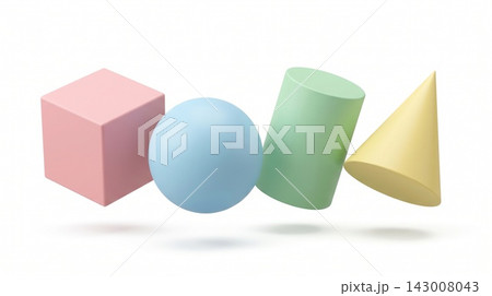 A collection of levitating 3D geometric shapes including a cube, sphere, cylinder, and cone in soft pastel tones, isolated on a white background. 143008043