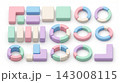 A balanced group of geometric 3D blocks, tiered cylinders, and interlocking rings for modular infographic design, isolated on a white background. 143008115