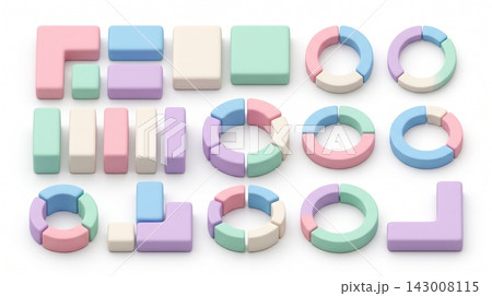 A balanced group of geometric 3D blocks, tiered cylinders, and interlocking rings for modular infographic design, isolated on a white background. A balanced group of geometric 3D blocks, tiered cylinders, and interlocking rings for modular infographic design, isolated on a white background. 143008115