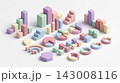 A balanced group of geometric 3D blocks, tiered cylinders, and interlocking rings for modular infographic design, isolated on a white background. 143008116