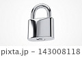 A heavy, highly polished chrome padlock completely isolated on a pure white seamless background. 143008118
