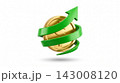 A volumetric 3D icon of a green arrow spiraling upward around a shiny gold coin, isolated on a white background. 143008120