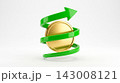 A volumetric 3D icon of a green arrow spiraling upward around a shiny gold coin, isolated on a white background. 143008121