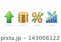 A set of four 3D finance icons in a row featuring upward trending arrows, stacked coins, and percentage symbols, isolated on a white background. 143008122