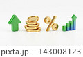 A set of four 3D finance icons in a row featuring upward trending arrows, stacked coins, and percentage symbols, isolated on a white background. 143008123