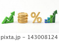 A set of four 3D finance icons in a row featuring upward trending arrows, stacked coins, and percentage symbols, isolated on a white background. 143008124