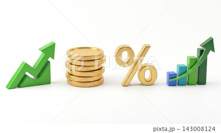 A set of four 3D finance icons in a row featuring upward trending arrows, stacked coins, and percentage symbols, isolated on a white background. 143008124
