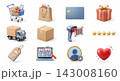 A grid of six glossy 3D e-commerce icons in two rows including a shopping cart, bag, delivery box, tag, credit card, and star, isolated on a white background. 143008160