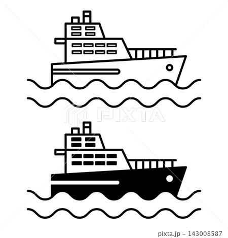 Ferry icons. Black and White Vector Icons of a Ship Transporting People. Travel and Tourism. Water Transport Concept 143008587