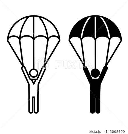 Parachute icons. Black and White Vector Icon of Man with Opened Parachute. Skydiving. Extreme Sports and Entertainment Parachute icons. Black and White Vector Icon of Man with Opened Parachute. Skydiving. Extreme Sports and Entertainment 143008590