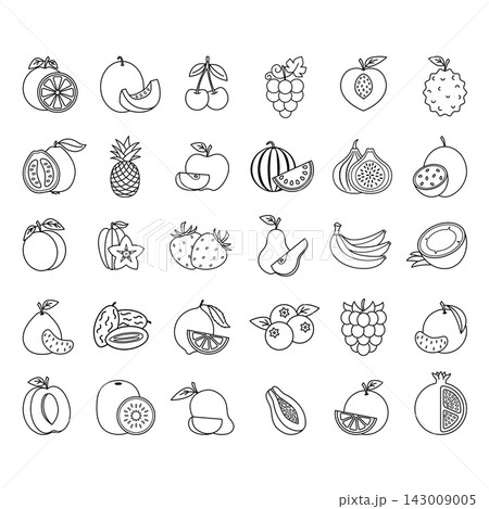 Fruit Icon Set. Vector Icons of Apple, Pear, Kiwi, Watermelon, Orange, Peach, Apricot, Passion Fruit, Pineapple, Fig, Strawberry, Pomelo, Banana, Raspberry, Mango and More Fruit Icon Set. Vector Icons of Apple, Pear, Kiwi, Watermelon, Orange, Peach, Apricot, Passion Fruit, Pineapple, Fig, Strawberry, Pomelo, Banana, Raspberry, Mango and More 143009005