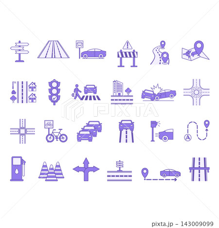 Color Road Icon Set. Vector Icons City, Sign, Street, Parking, Route, Traffic Light, Pedestrian Crossing, Car Accident, Camera, Barrier, Crossroad and More Color Road Icon Set. Vector Icons City, Sign, Street, Parking, Route, Traffic Light, Pedestrian Crossing, Car Accident, Camera, Barrier, Crossroad and More 143009099