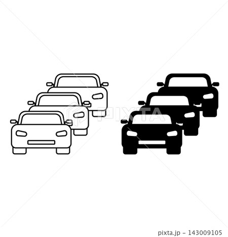 Congestion Icons. Black and White Vector Icons. Congestion of Cars, Traffic Jam on Highway. Roads and Vehicles Concept 143009105