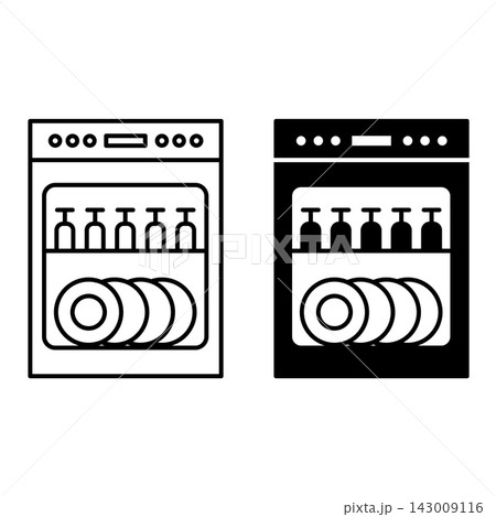 Dishwasher Icons. Black and White Vector Illustration. Electromechanical Installation for Automatic Dish Washing. Household Appliances Concept Dishwasher Icons. Black and White Vector Illustration. Electromechanical Installation for Automatic Dish Washing. Household Appliances Concept 143009116