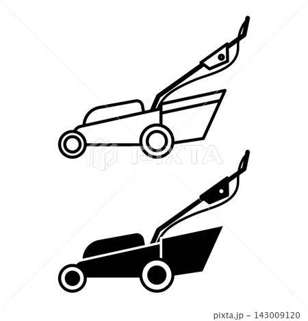 Lawn Mower Icons. Black and White Vector Illustration. Grass Cutting Machine. Household Appliances Concept 143009120