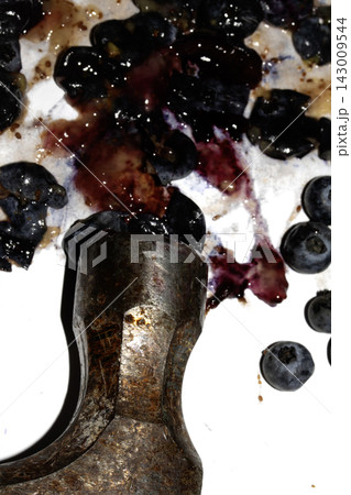 Squashed and crushed blueberries fruit berries splattered with a hammer on a white background with juice Squashed and crushed blueberries fruit berries splattered with a hammer on a white background with juice 143009544